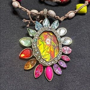 FAUX Gemstone Necklace Multi Colored ROPE tied DANGLE OVAL Medallion Sparkle